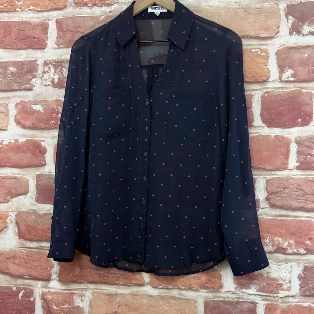 Express Portofino Shirt Women's Small Blue Pink Hearts Button Front Sheer Top - Picture 3 of 8